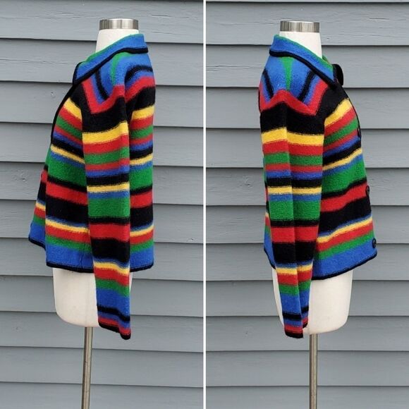 Talbots Vintage 90s Primary Rainbow Striped Double Breasted Wool Cardigan Coat S - Picture 3 of 8